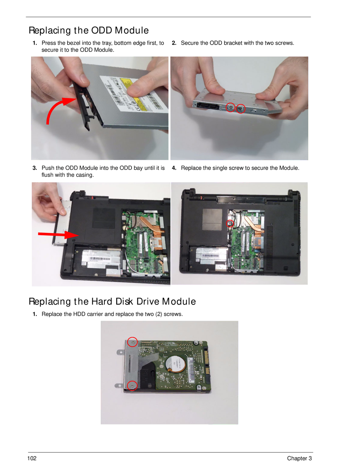 Aspire Digital 4625G manual Replacing the ODD Module, Replacing the Hard Disk Drive Module 