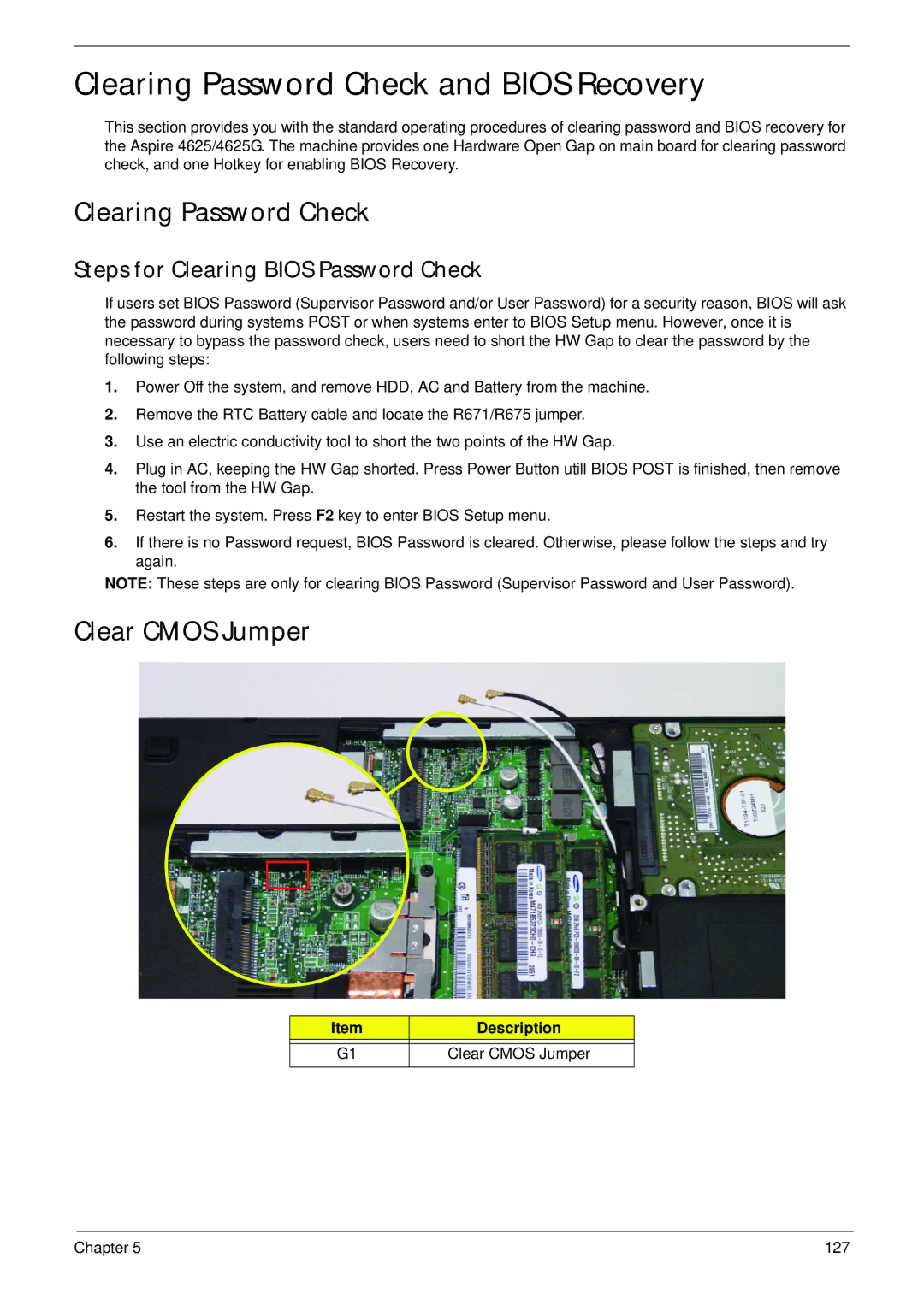 Aspire Digital 4625 Clearing Password Check and Bios Recovery, Clear Cmos Jumper, Steps for Clearing Bios Password Check 