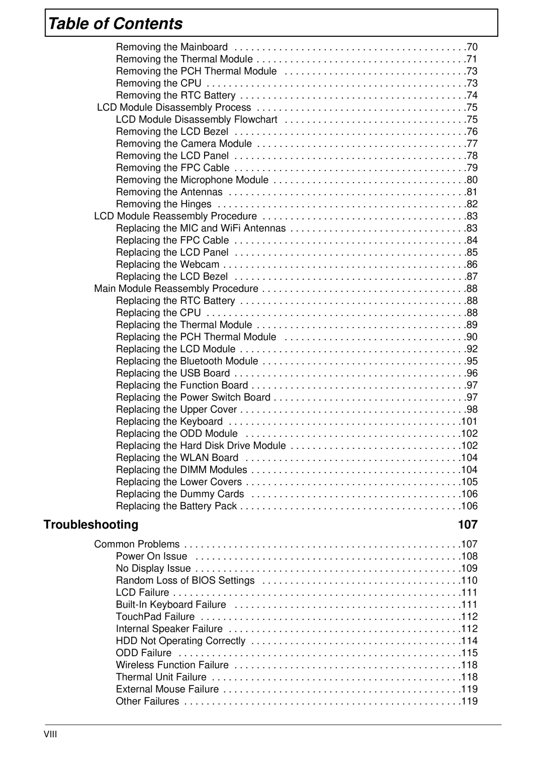 Aspire Digital 4625G manual Troubleshooting 107, Viii 