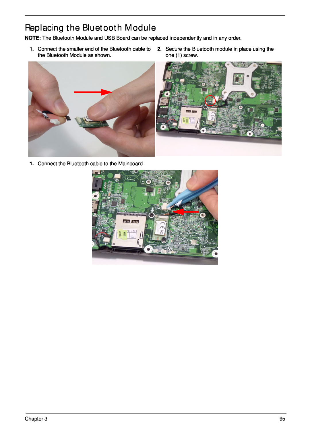 Aspire Digital 4625 Replacing the Bluetooth Module, Secure the Bluetooth module in place using the one 1 screw, Chapter 