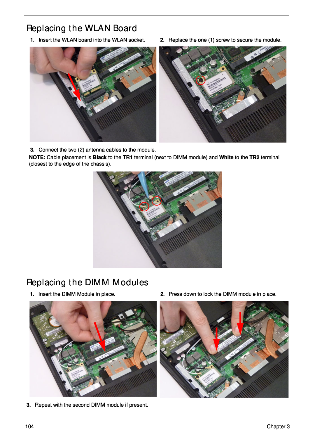 Aspire Digital 4625G Replacing the WLAN Board, Replacing the DIMM Modules, Insert the WLAN board into the WLAN socket 