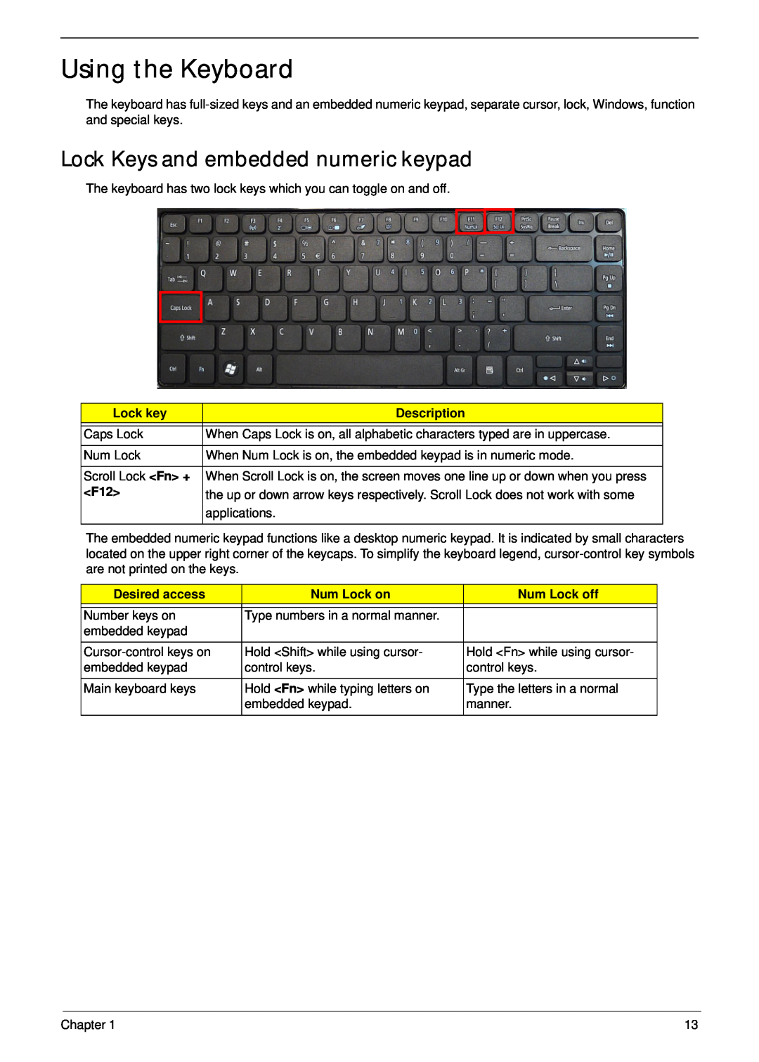 Aspire Digital 4625 manual Using the Keyboard, Lock Keys and embedded numeric keypad, Lock key, Description, Desired access 