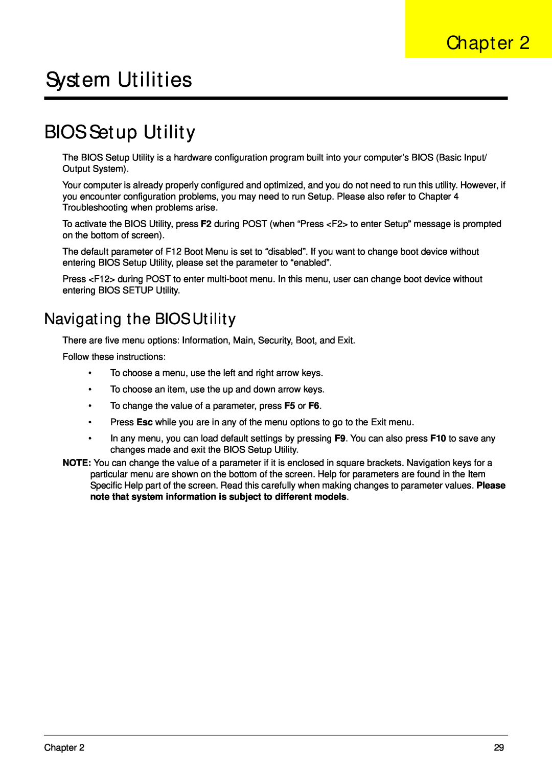 Aspire Digital 4625G manual System Utilities, BIOS Setup Utility, Navigating the BIOS Utility, Chapter 