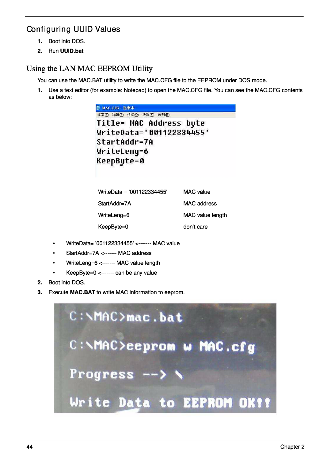 Aspire Digital 4625G manual Configuring UUID Values, Using the LAN MAC EEPROM Utility, Run UUID.bat 