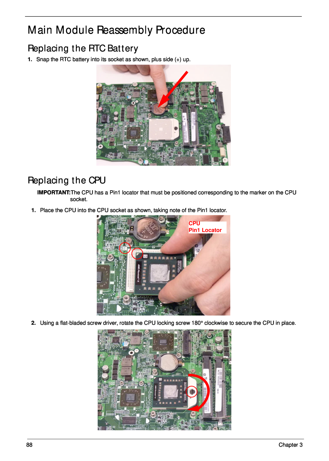 Aspire Digital 4625G Main Module Reassembly Procedure, Replacing the RTC Battery, Replacing the CPU, CPU Pin1 Locator 
