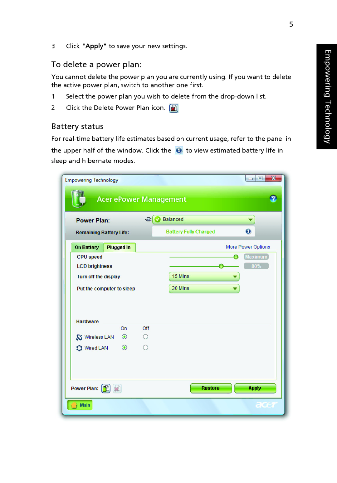 Aspire Digital 4315, 4715Z manual To delete a power plan, Battery status 