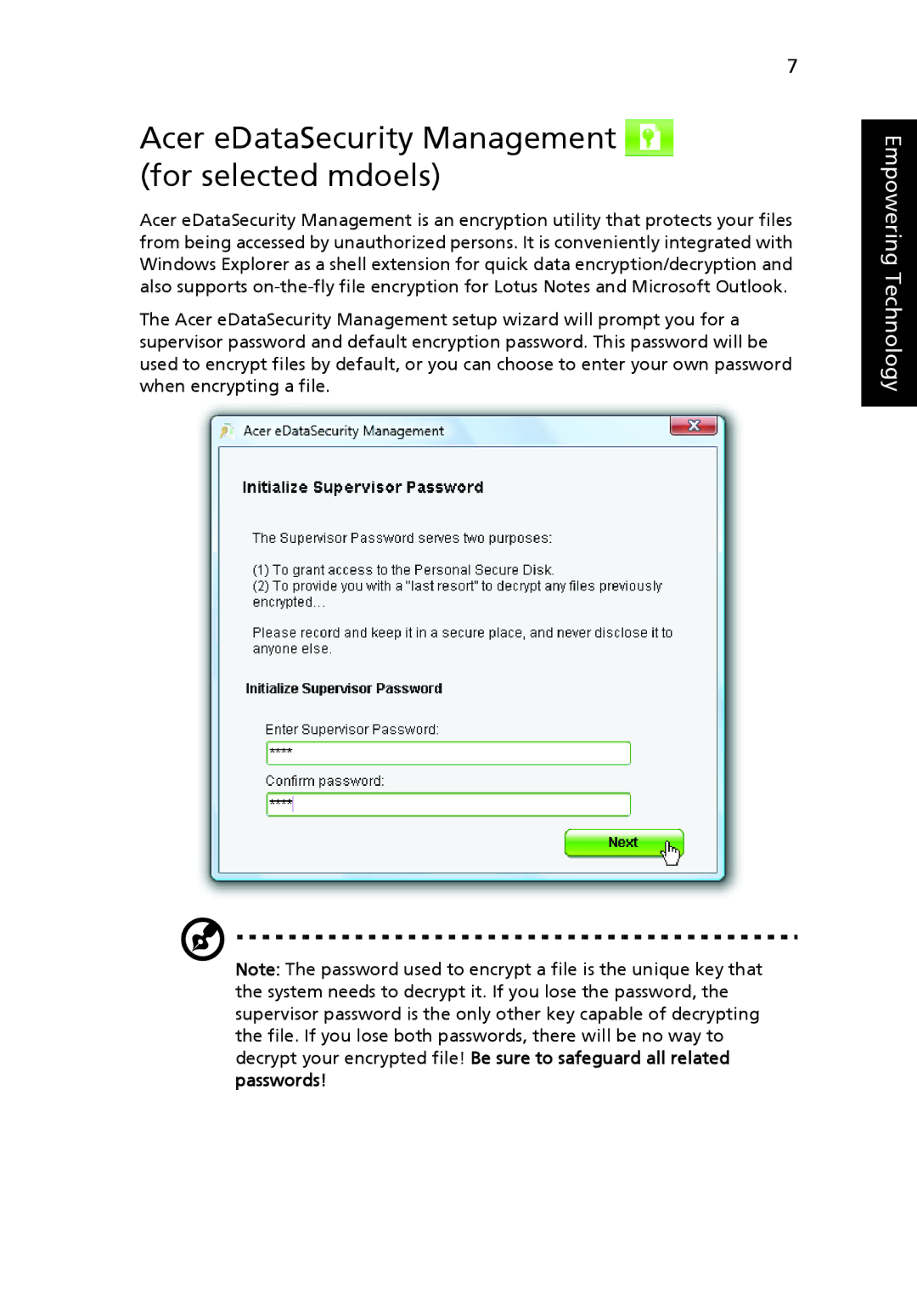 Aspire Digital 4315, 4715Z manual Acer eDataSecurity Management for selected mdoels 