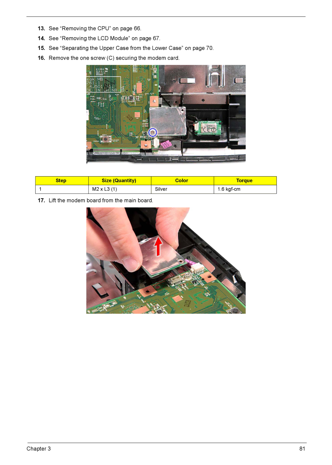 Aspire Digital 5535, 5235 manual Lift the modem board from the main board Chapter 