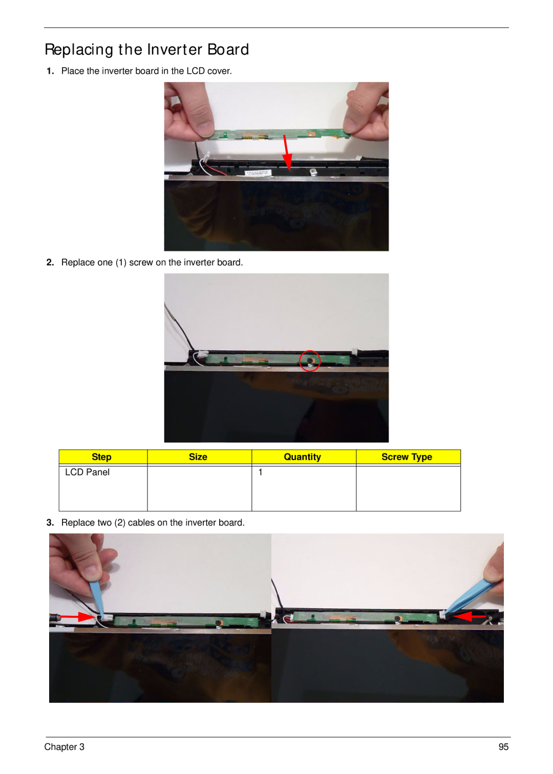 Aspire Digital 5734Z, 5334 manual Replacing the Inverter Board, Step Size Quantity Screw Type LCD Panel 