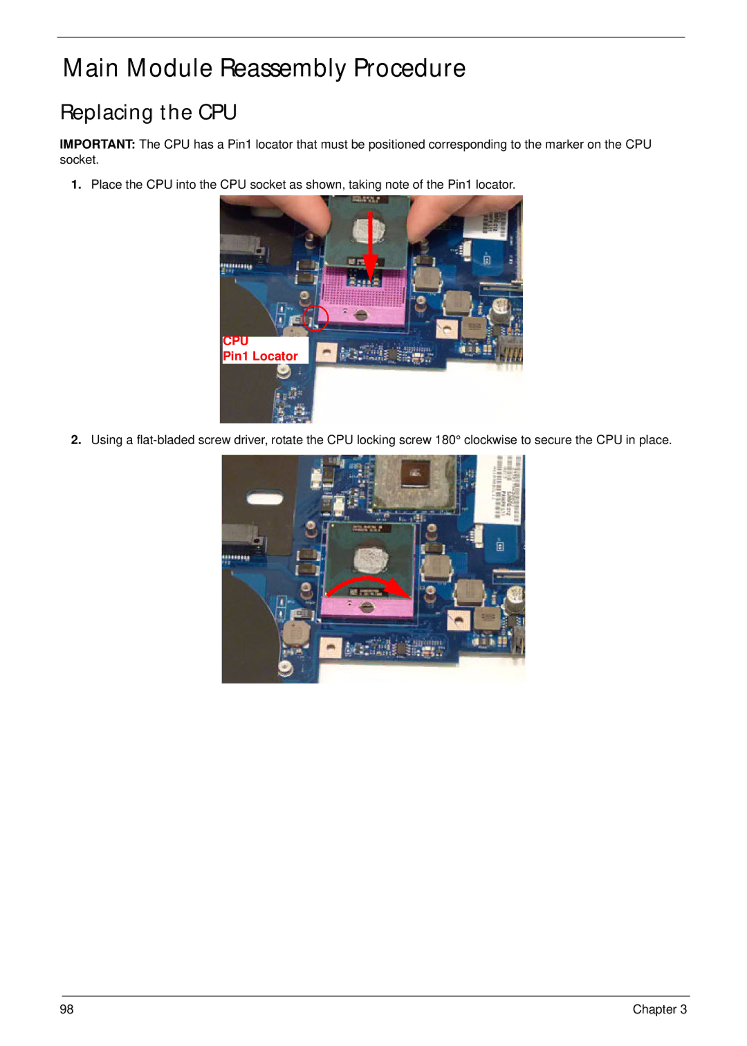 Aspire Digital 5334, 5734Z manual Main Module Reassembly Procedure, Replacing the CPU 