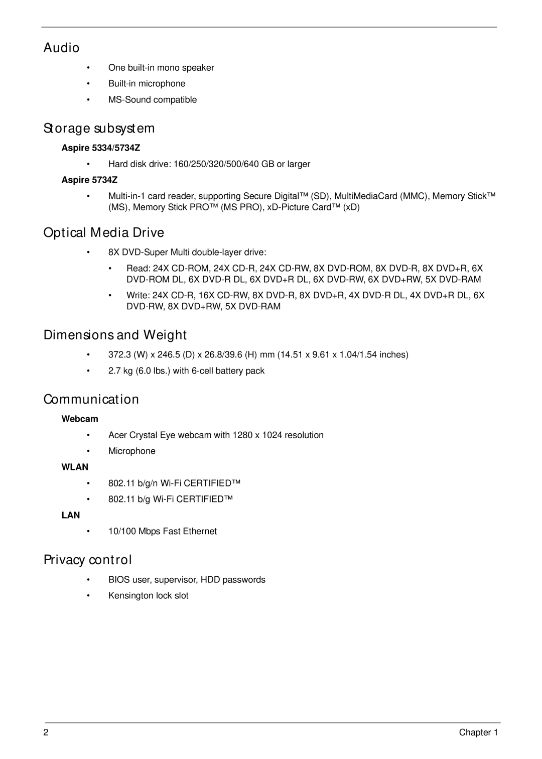 Aspire Digital 5334 Audio, Storage subsystem, Optical Media Drive, Dimensions and Weight, Communication, Privacy control 