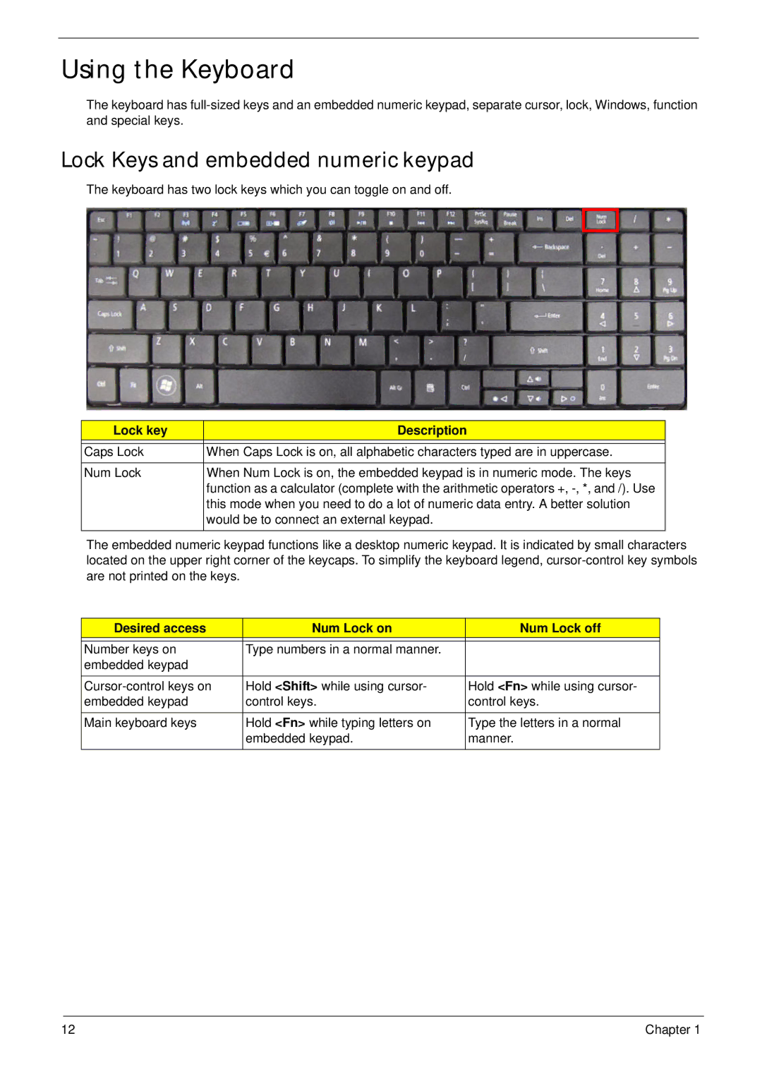 Aspire Digital 5334, 5734Z manual Using the Keyboard, Lock Keys and embedded numeric keypad, Lock key Description 