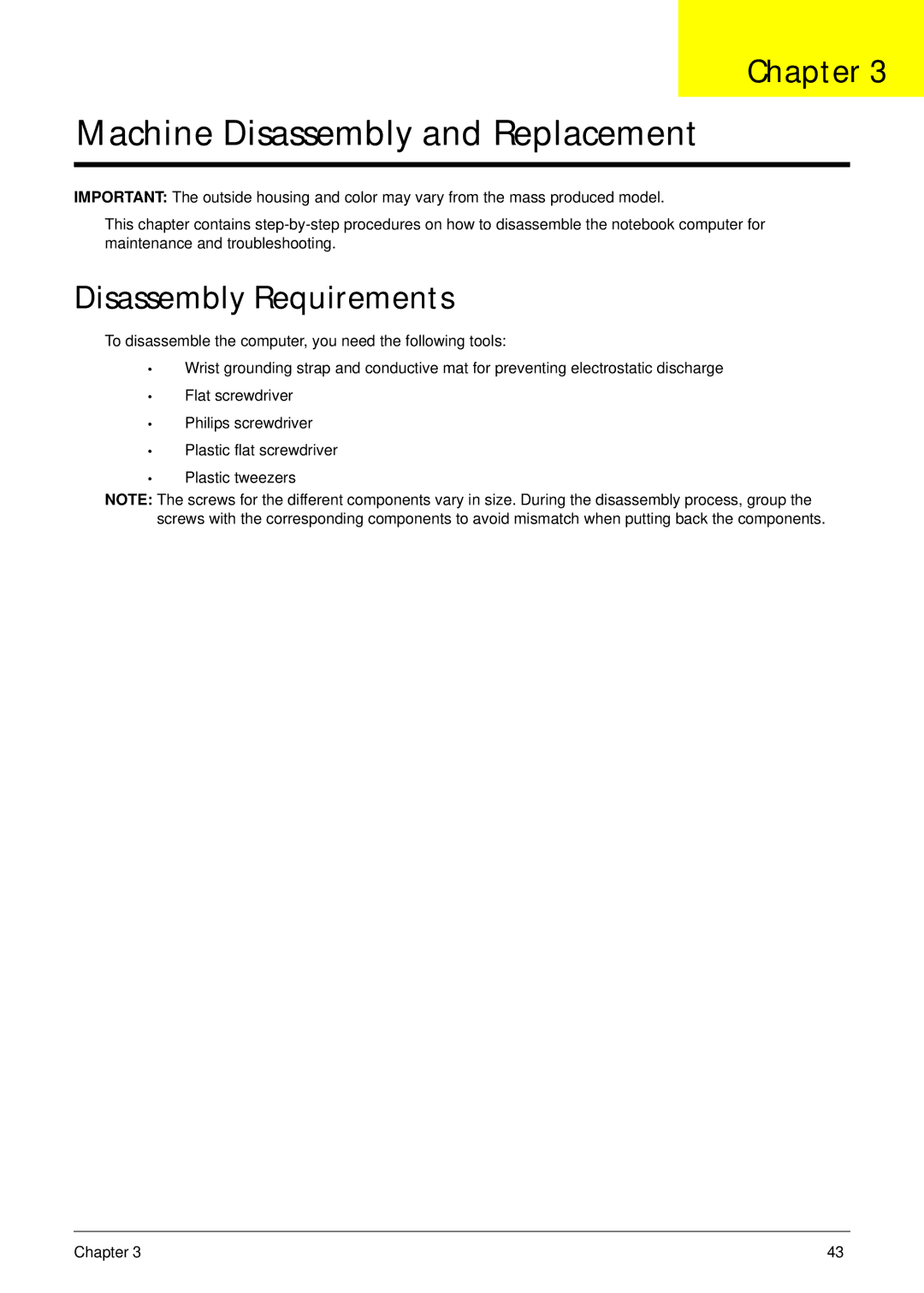 Aspire Digital 5734Z, 5334 manual Machine Disassembly and Replacement, Disassembly Requirements 