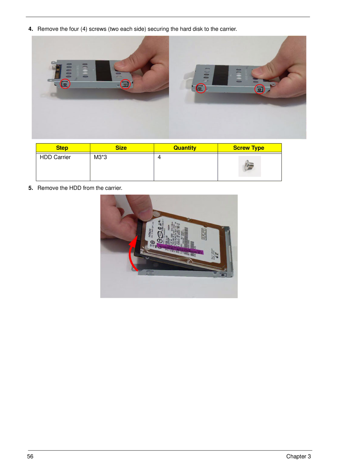 Aspire Digital 5334, 5734Z manual Step Size Quantity Screw Type HDD Carrier M3*3 