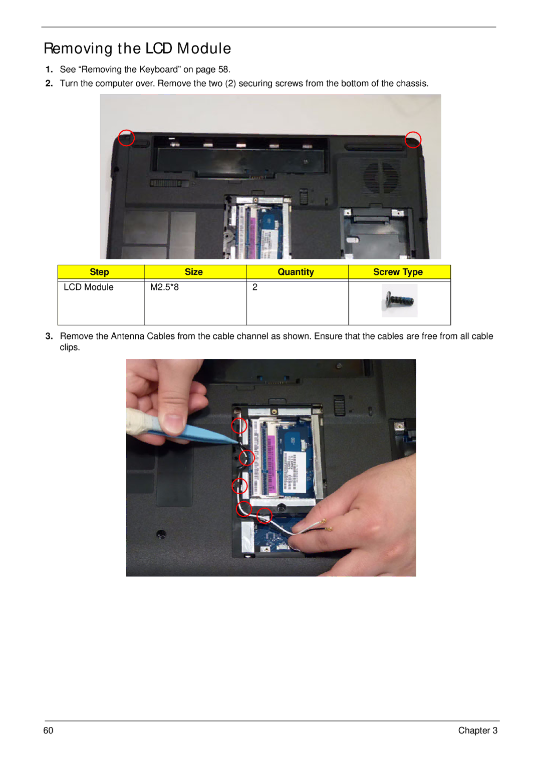 Aspire Digital 5334, 5734Z manual Removing the LCD Module, Step Size Quantity Screw Type LCD Module M2.5*8 