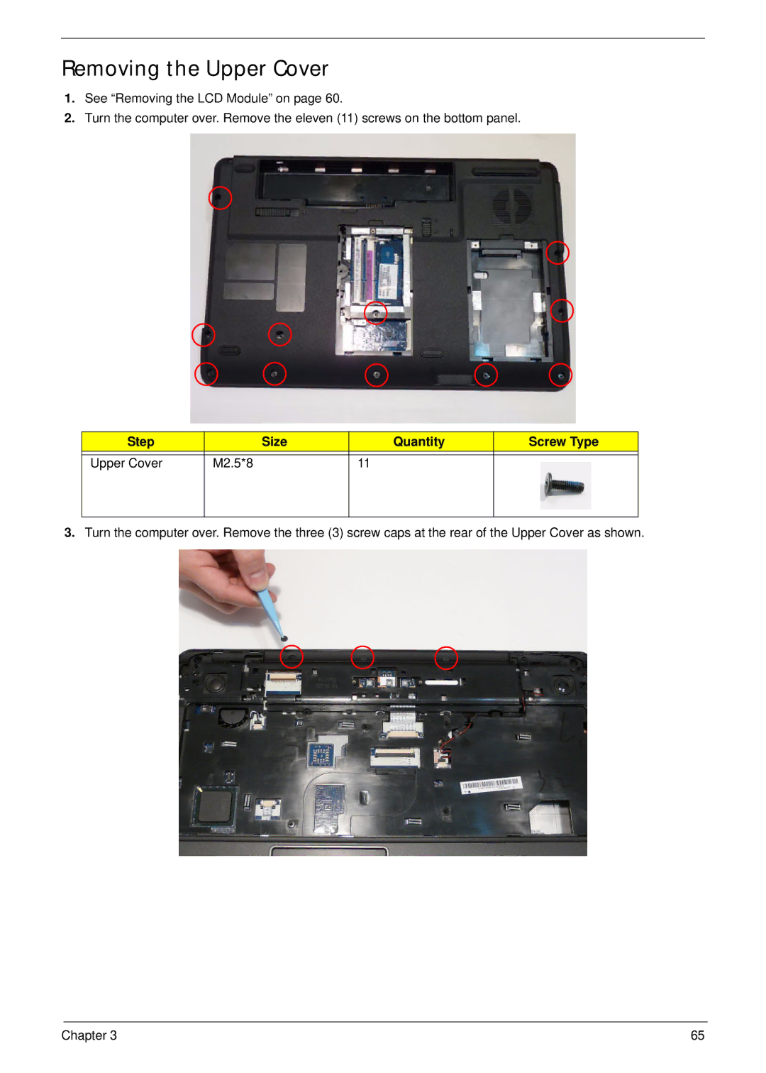 Aspire Digital 5734Z, 5334 manual Removing the Upper Cover, Step Size Quantity Screw Type Upper Cover M2.5*8 