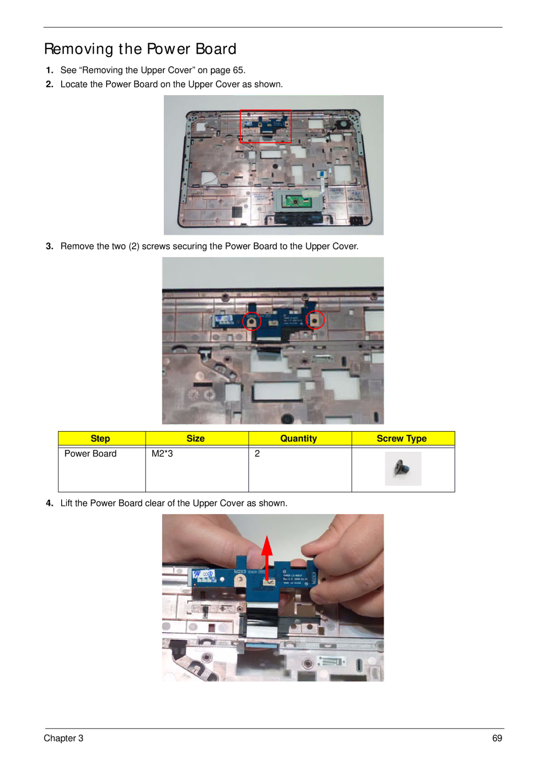 Aspire Digital 5734Z, 5334 manual Removing the Power Board, Step Size Quantity Screw Type Power Board M2*3 