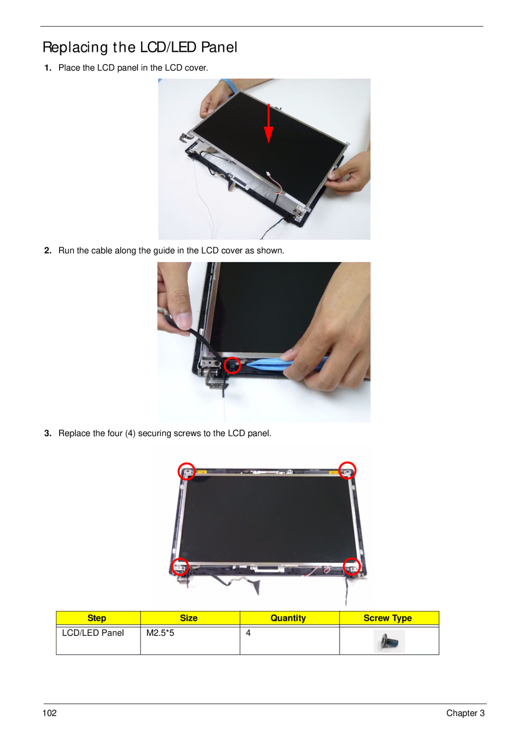 Aspire Digital 5336 manual Replacing the LCD/LED Panel, Step Size Quantity Screw Type LCD/LED Panel M2.5*5 