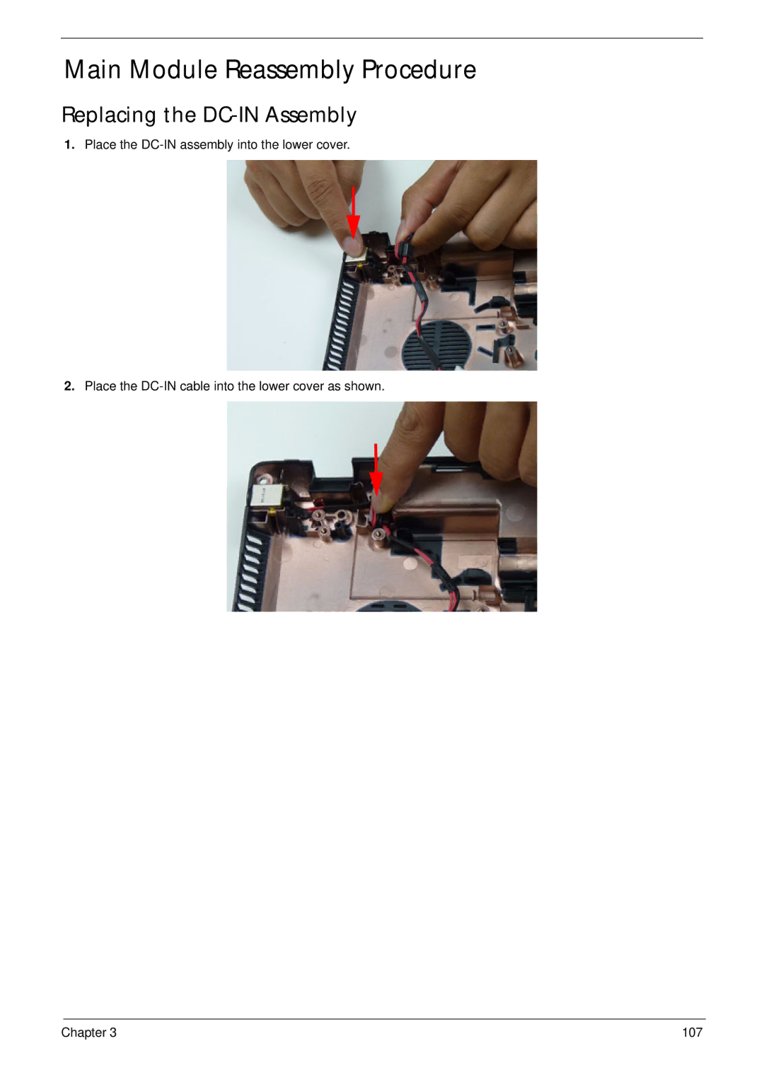 Aspire Digital 5336 manual Main Module Reassembly Procedure, Replacing the DC-IN Assembly 