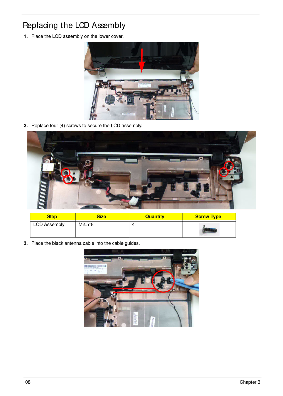 Aspire Digital 5336 manual Replacing the LCD Assembly, Step Size Quantity Screw Type LCD Assembly M2.5*8 