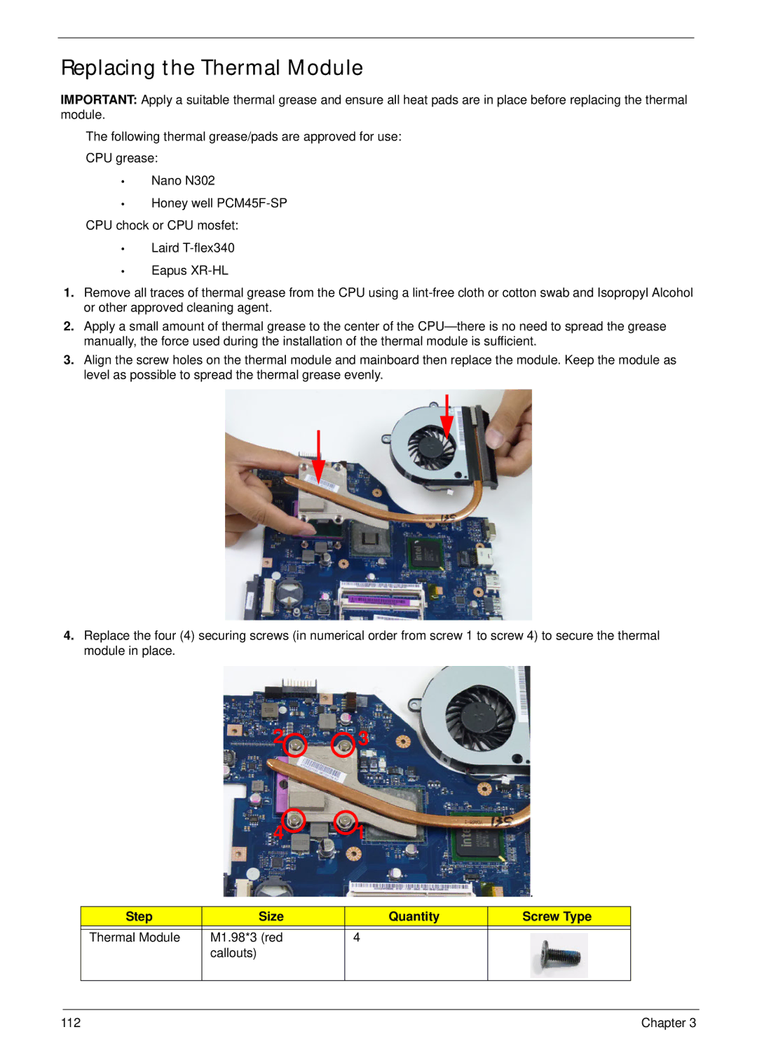 Aspire Digital 5336 manual Replacing the Thermal Module, Step Size Quantity Screw Type 