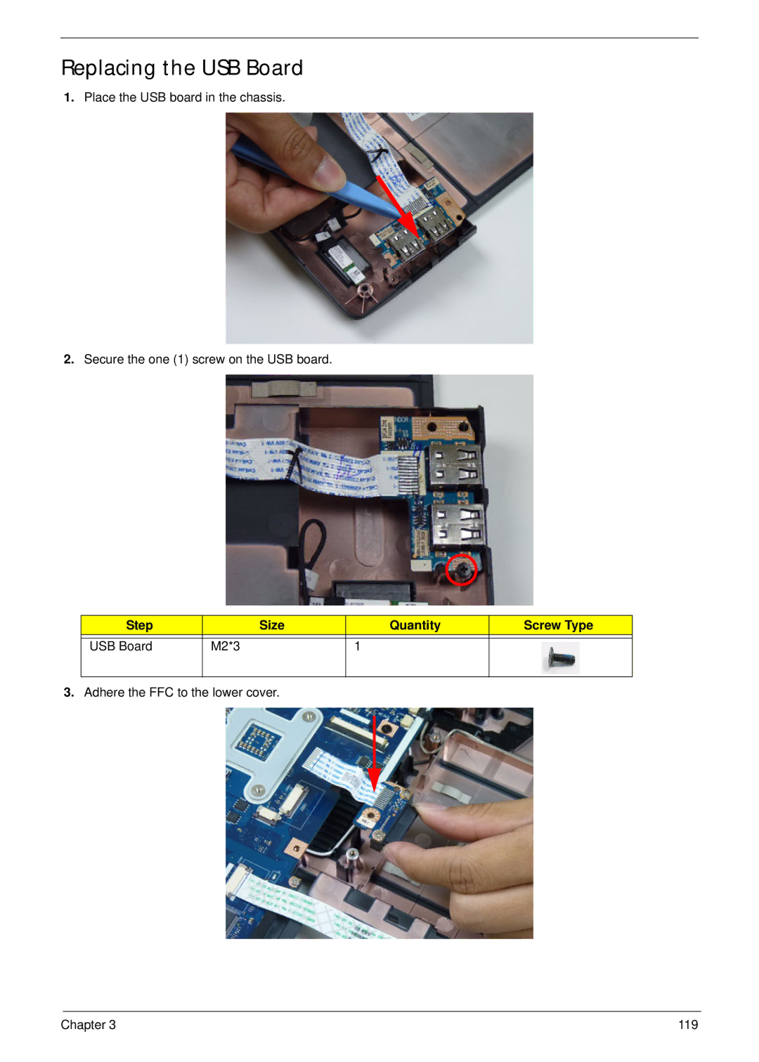 Aspire Digital 5336 manual Replacing the USB Board, Step Size Quantity Screw Type USB Board M2*3 