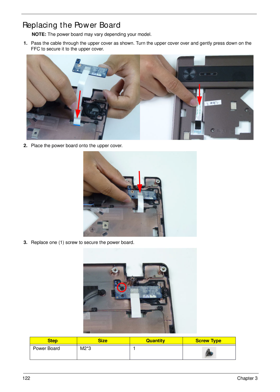 Aspire Digital 5336 manual Replacing the Power Board, Step Size Quantity Screw Type Power Board M2*3 