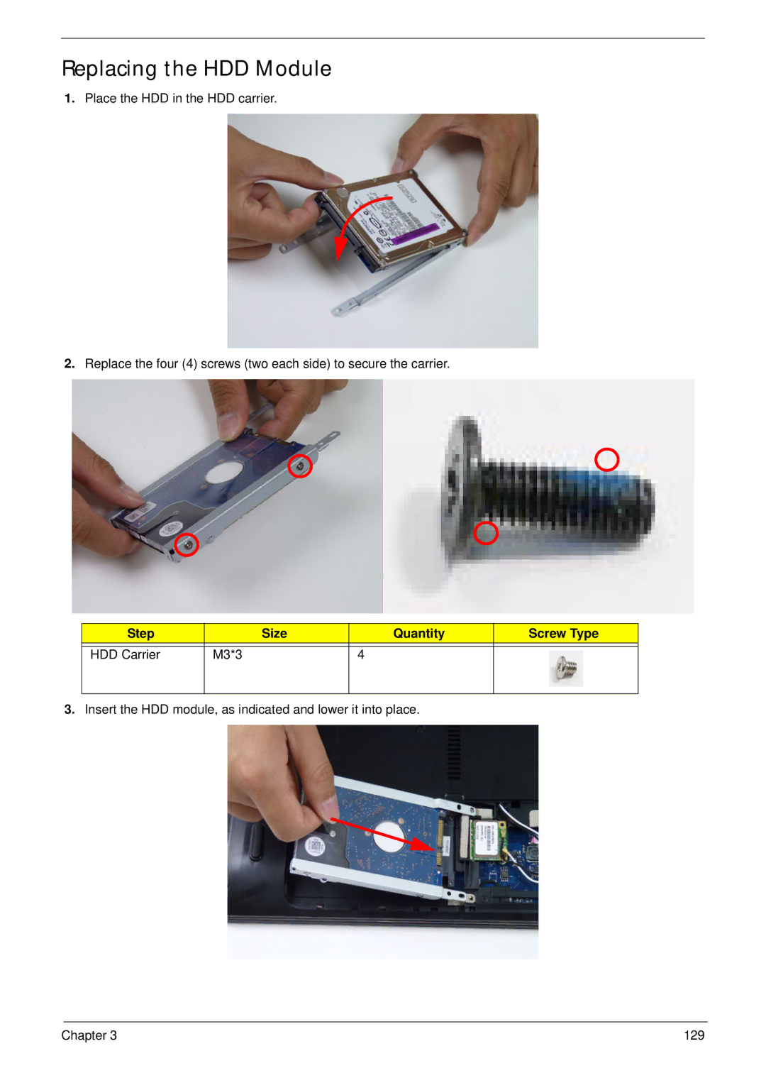 Aspire Digital 5336 manual Replacing the HDD Module, Step Size Quantity Screw Type HDD Carrier M3*3 