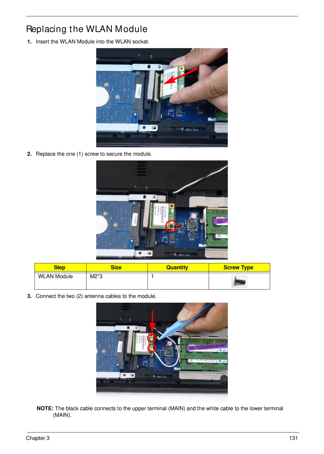 Aspire Digital 5336 manual Replacing the Wlan Module, Step Size Quantity Screw Type Wlan Module M2*3 