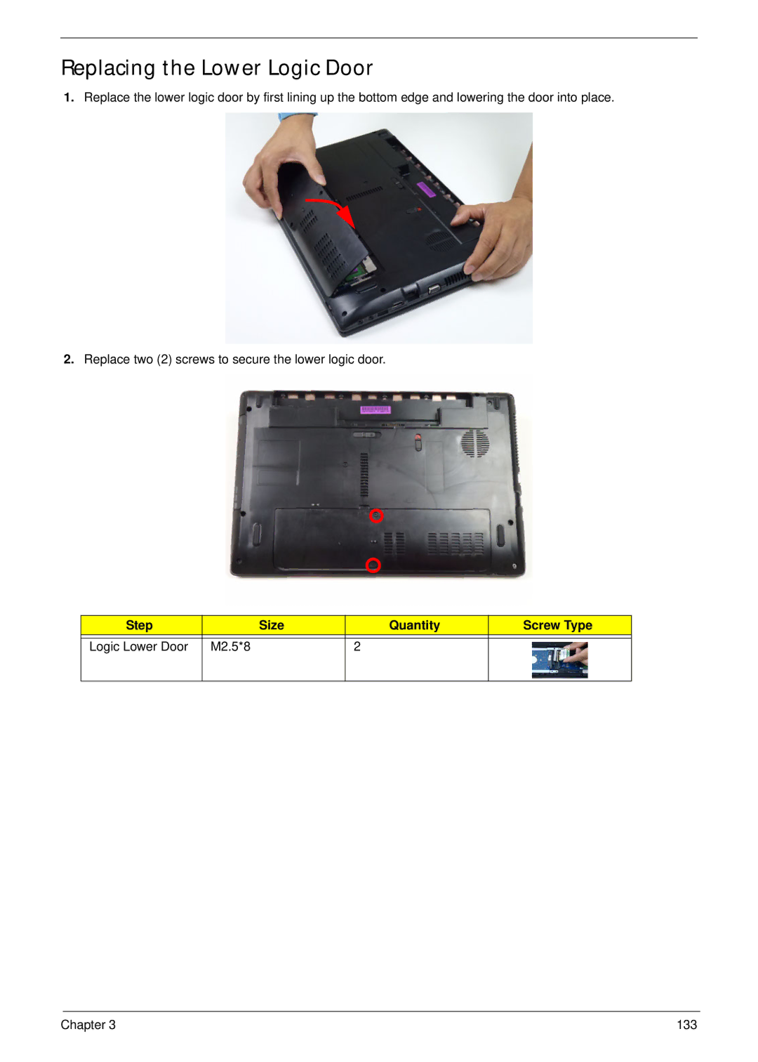 Aspire Digital 5336 manual Replacing the Lower Logic Door, Step Size Quantity Screw Type 