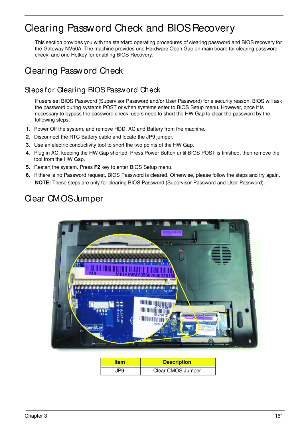 Aspire Digital 5336 Clearing Password Check and Bios Recovery, Clear Cmos Jumper, Steps for Clearing Bios Password Check 