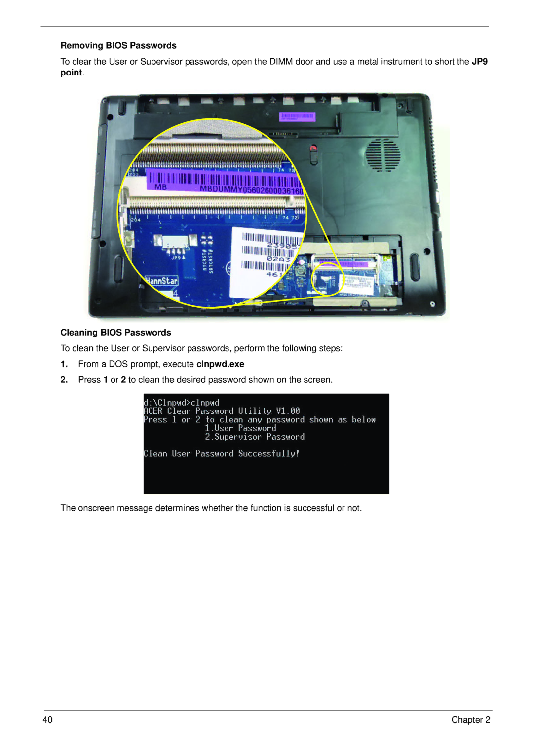 Aspire Digital 5336 manual Removing Bios Passwords, Cleaning Bios Passwords 