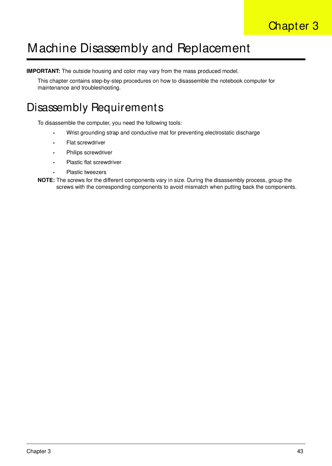 Aspire Digital 5336 manual Machine Disassembly and Replacement, Disassembly Requirements 