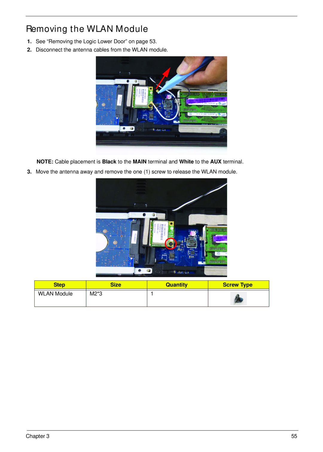 Aspire Digital 5336 manual Removing the Wlan Module, Step Size Quantity Screw Type Wlan Module M2*3 