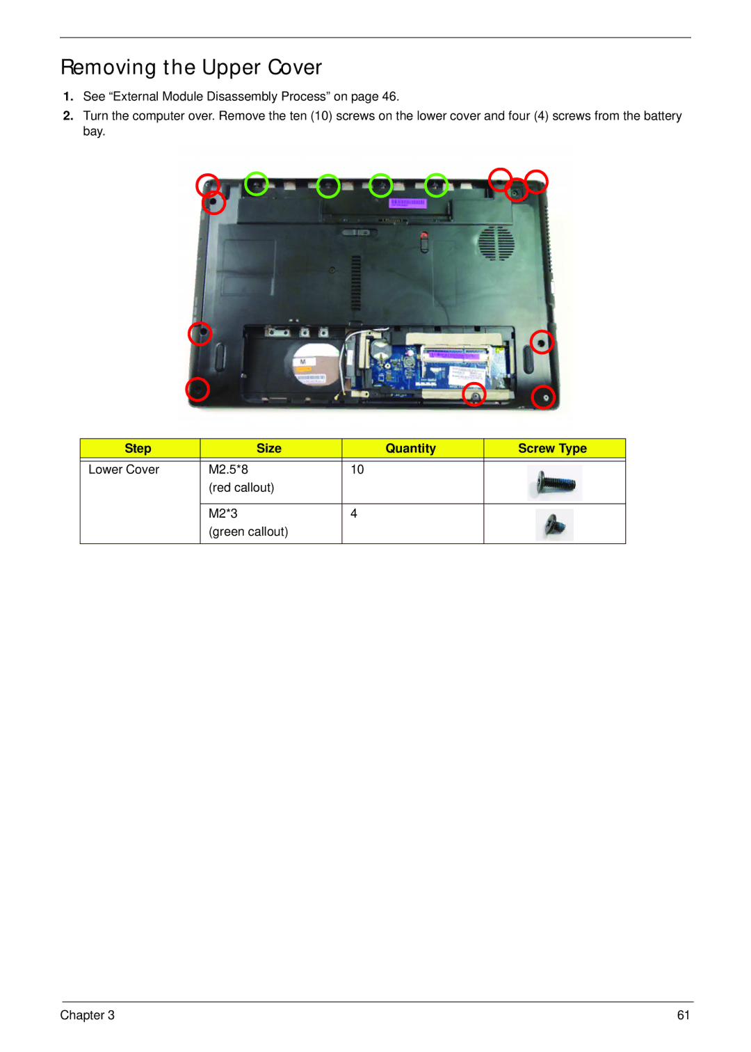 Aspire Digital 5336 manual Removing the Upper Cover, Step Size Quantity Screw Type 