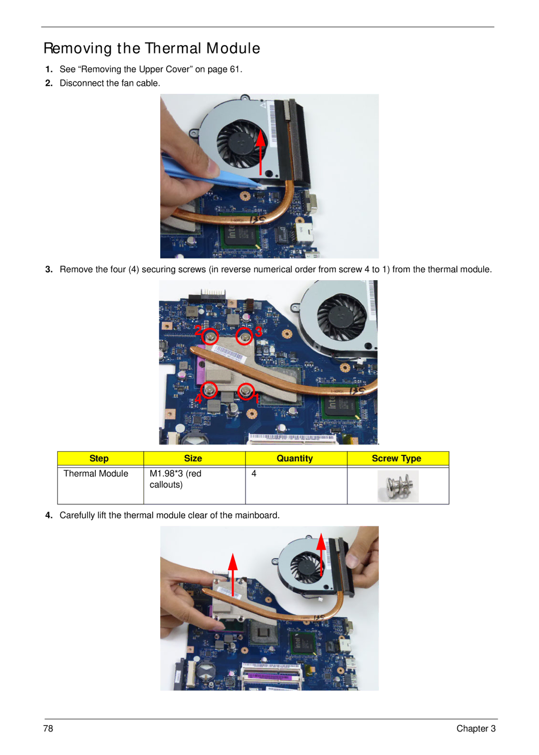 Aspire Digital 5336 manual Removing the Thermal Module, Step Size Quantity Screw Type 