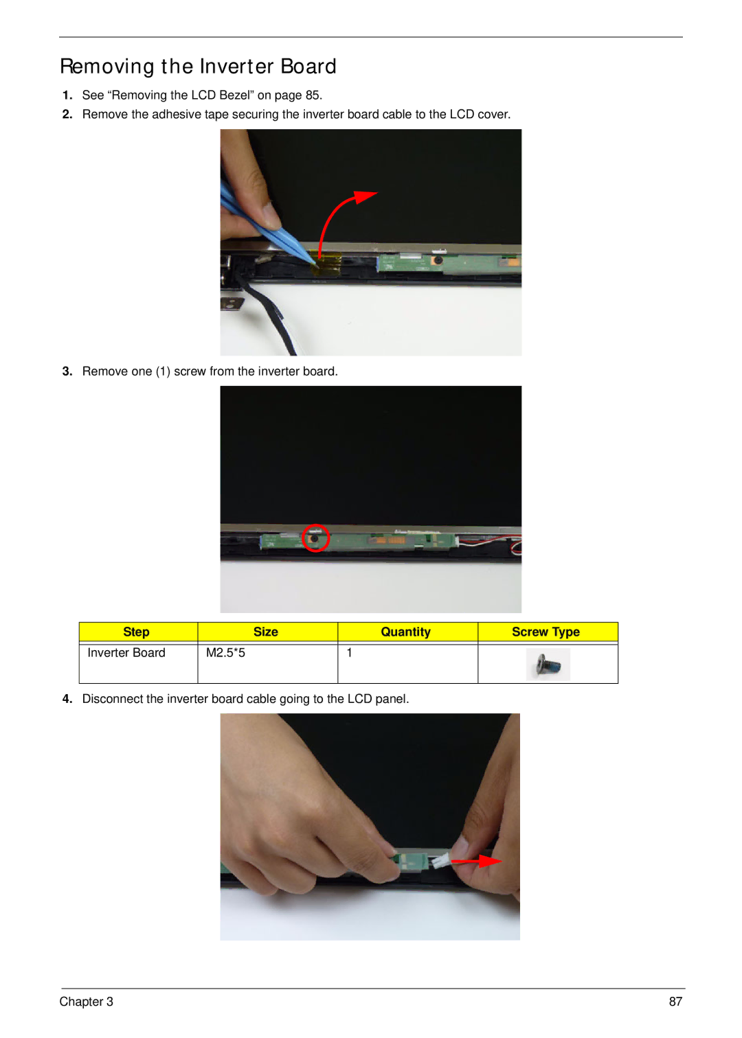 Aspire Digital 5336 manual Removing the Inverter Board, Step Size Quantity Screw Type Inverter Board M2.5*5 