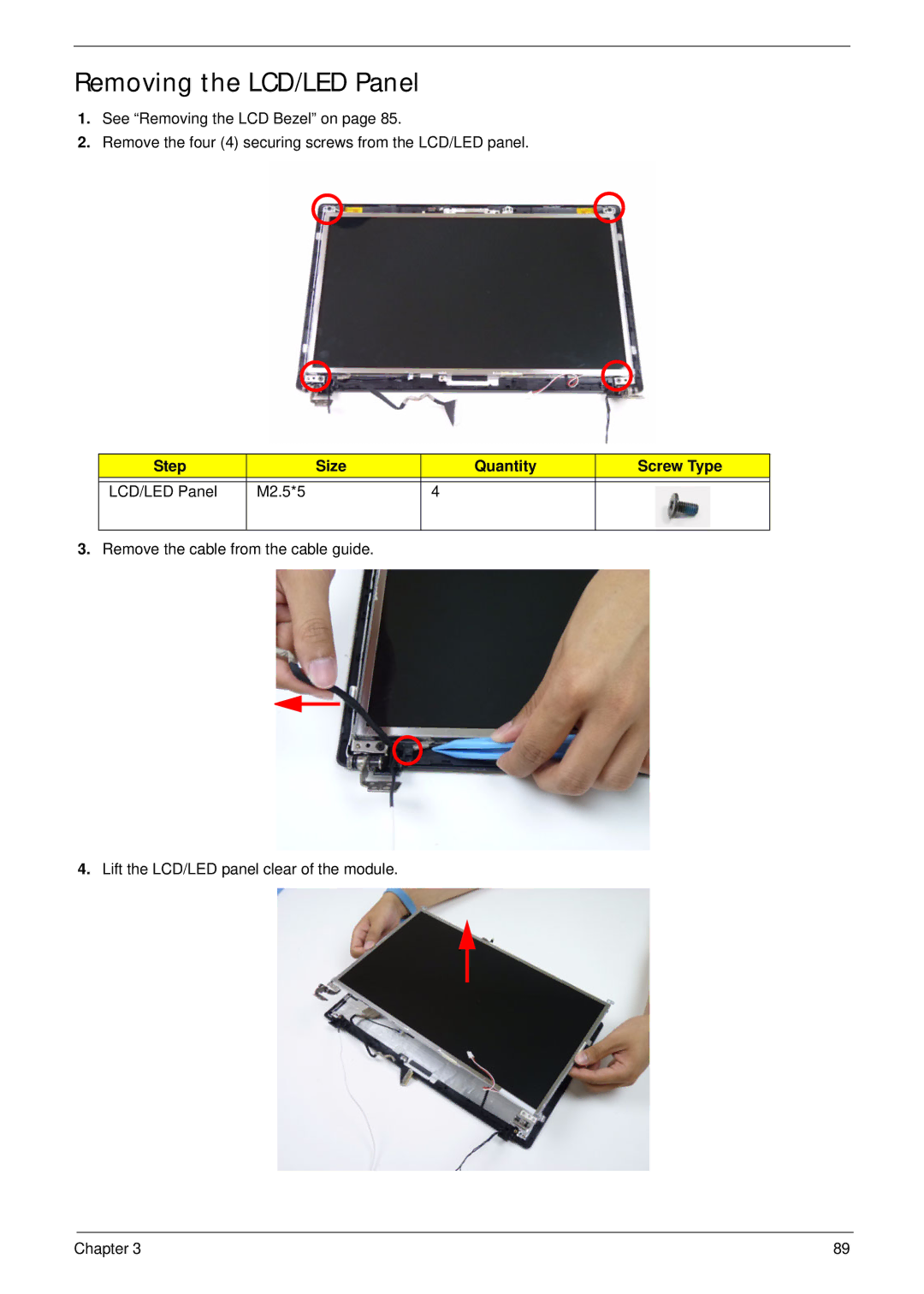 Aspire Digital 5336 manual Removing the LCD/LED Panel, Step Size Quantity Screw Type LCD/LED Panel M2.5*5 