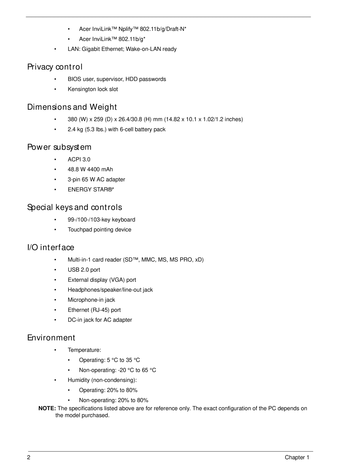 Aspire Digital 5534 manual Privacy control, Dimensions and Weight, Power subsystem, Special keys and controls, Interface 