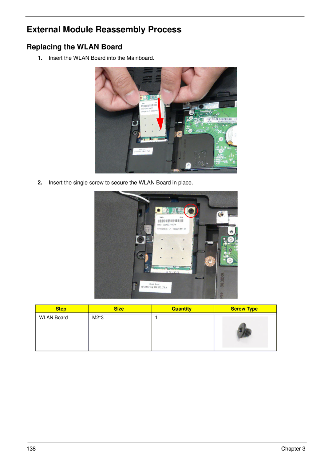 Aspire Digital 5534 manual External Module Reassembly Process, Replacing the Wlan Board 