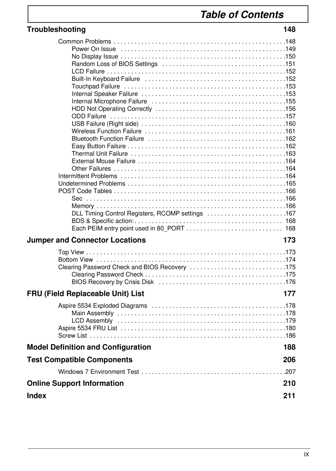 Aspire Digital 5534 manual Troubleshooting 148, Jumper and Connector Locations 173, FRU Field Replaceable Unit List 177 