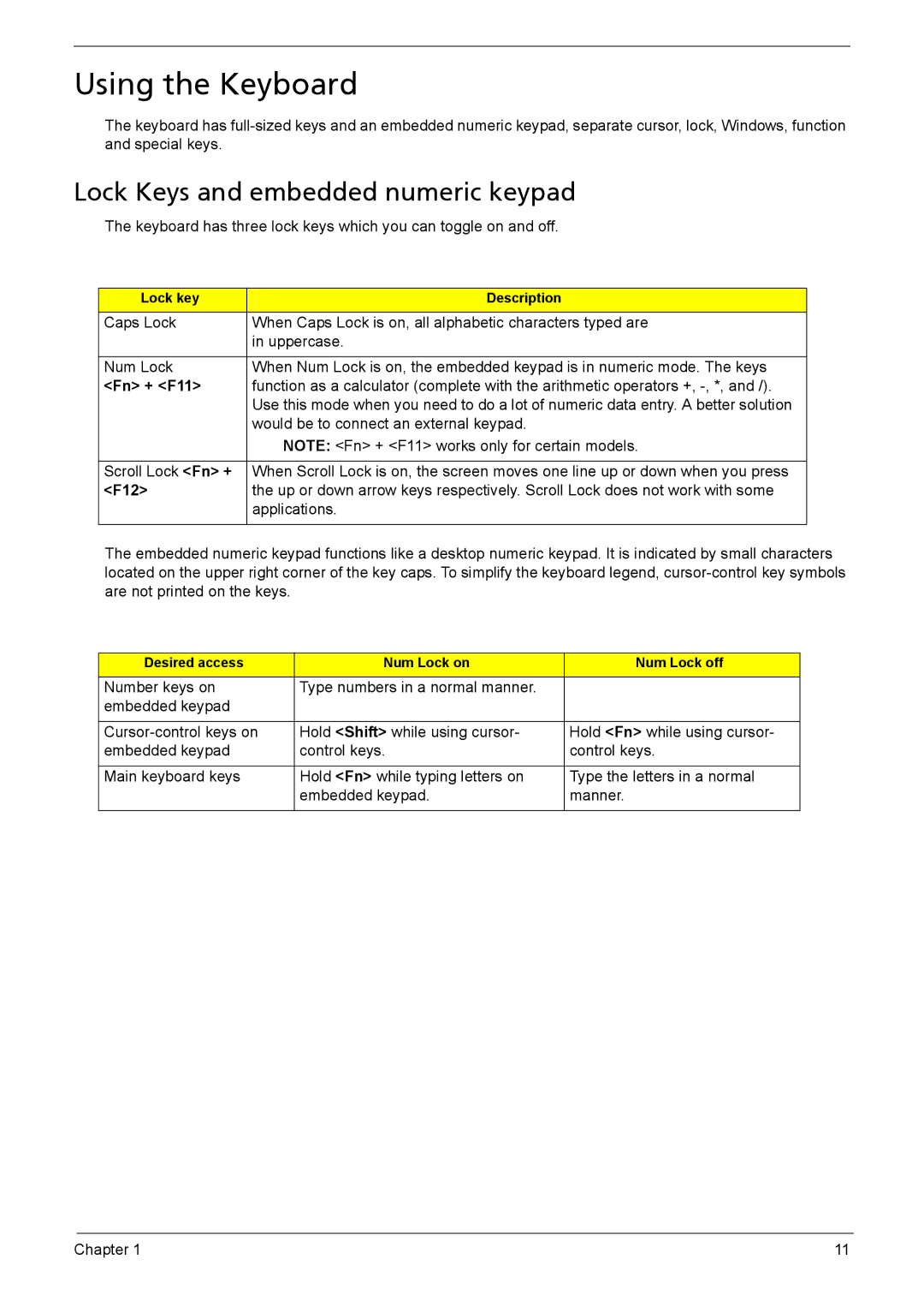 Aspire Digital 5735Z, 5335 manual Using the Keyboard, Lock Keys and embedded numeric keypad, Fn + F11, F12 