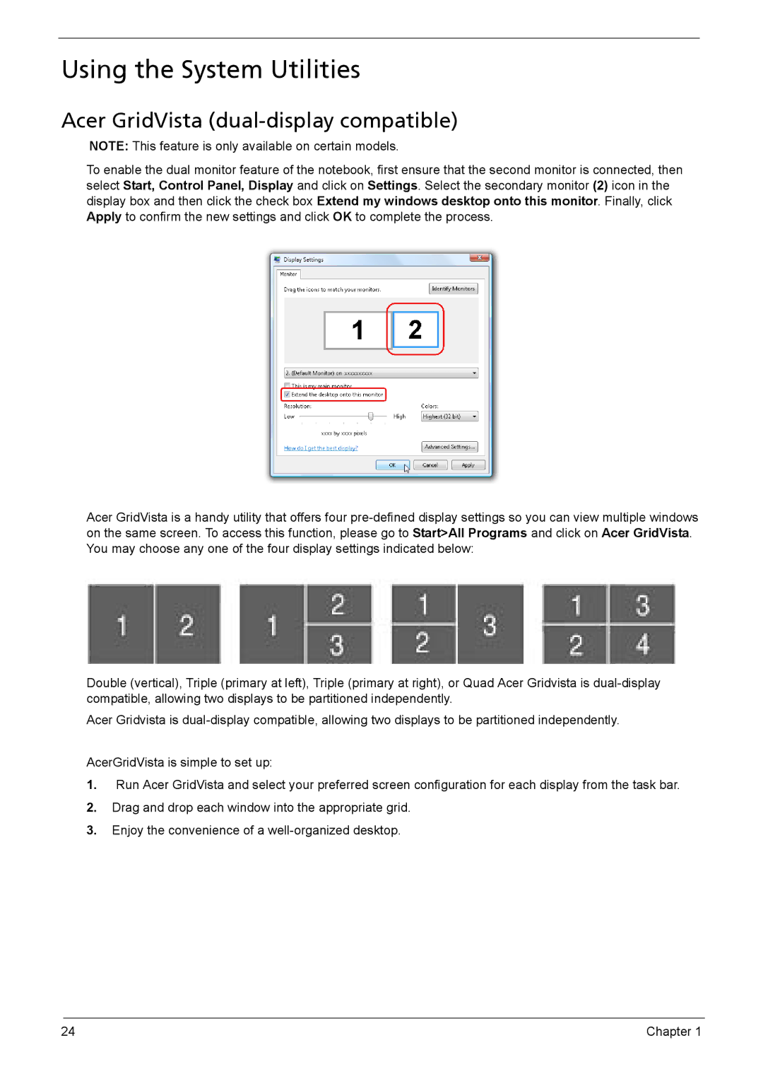 Aspire Digital 5335, 5735Z manual Using the System Utilities, Acer GridVista dual-display compatible 
