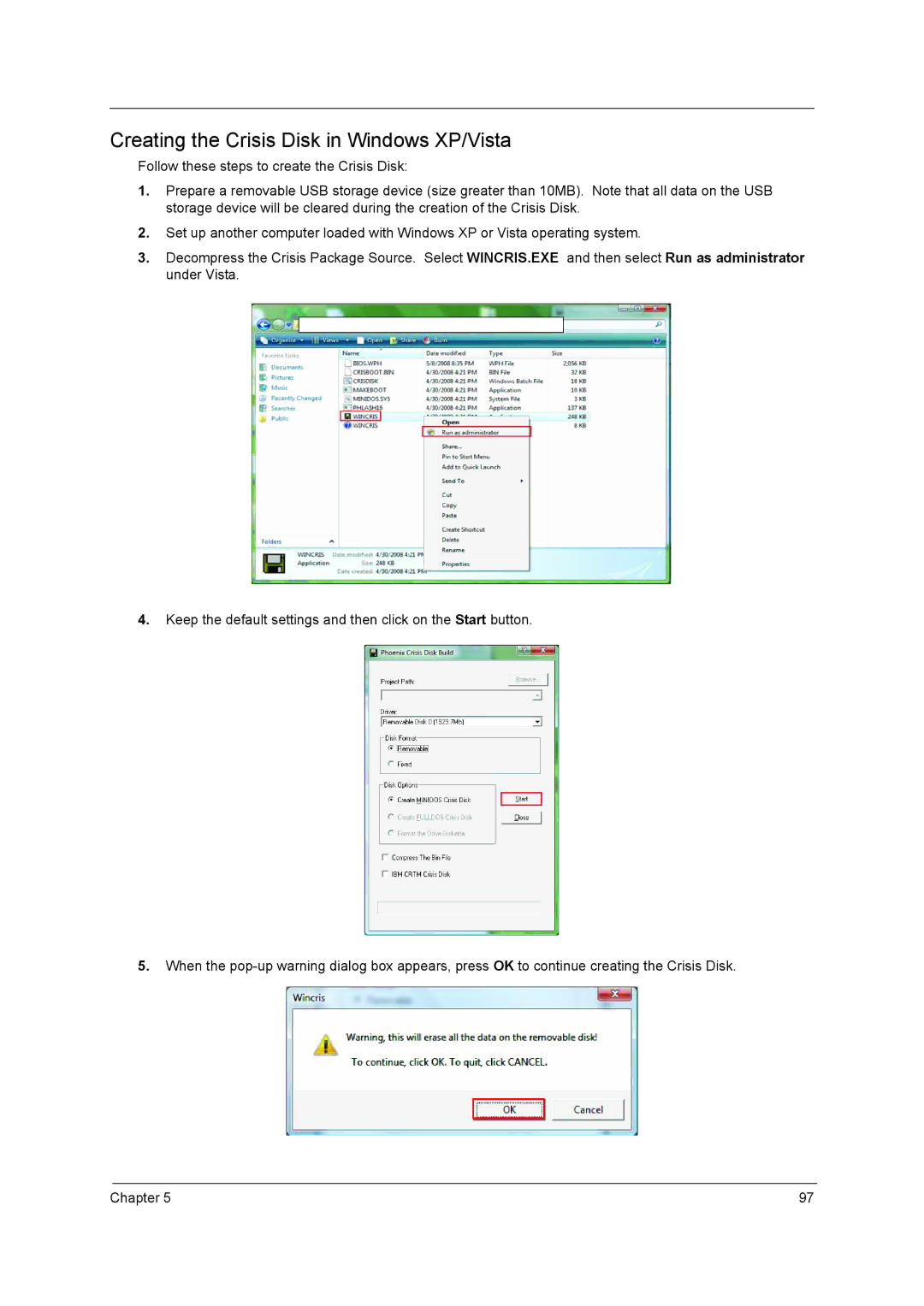 Aspire Digital 5810TZ, 5410T, 5810TG manual Creating the Crisis Disk in Windows XP/Vista 