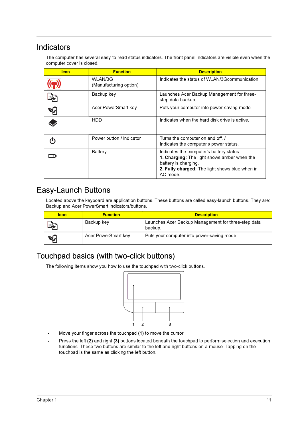 Aspire Digital 5410T, 5810TZ, 5810TG manual Indicators, Easy-Launch Buttons, Touchpad basics with two-click buttons 