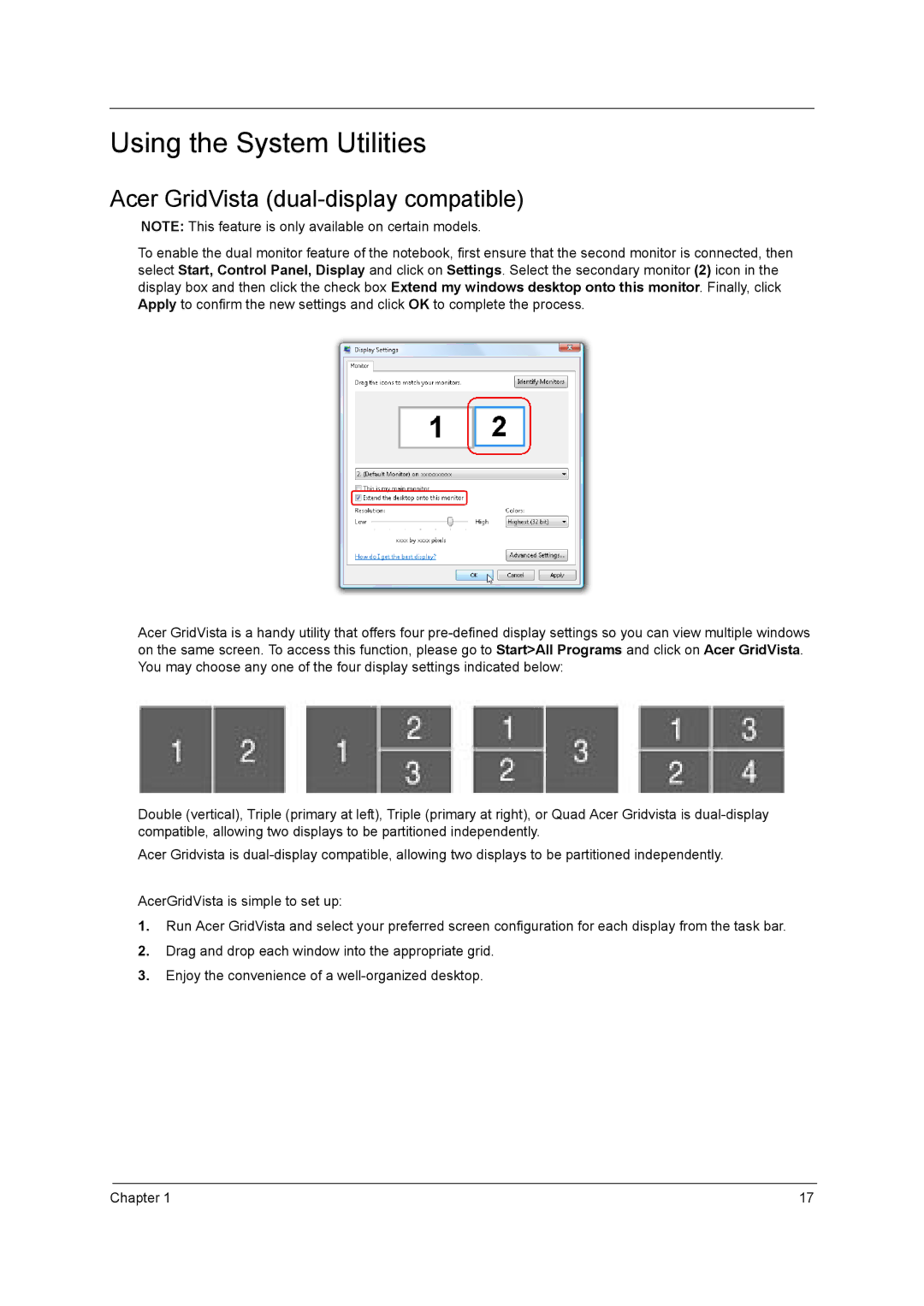 Aspire Digital 5410T, 5810TZ, 5810TG manual Using the System Utilities, Acer GridVista dual-display compatible 