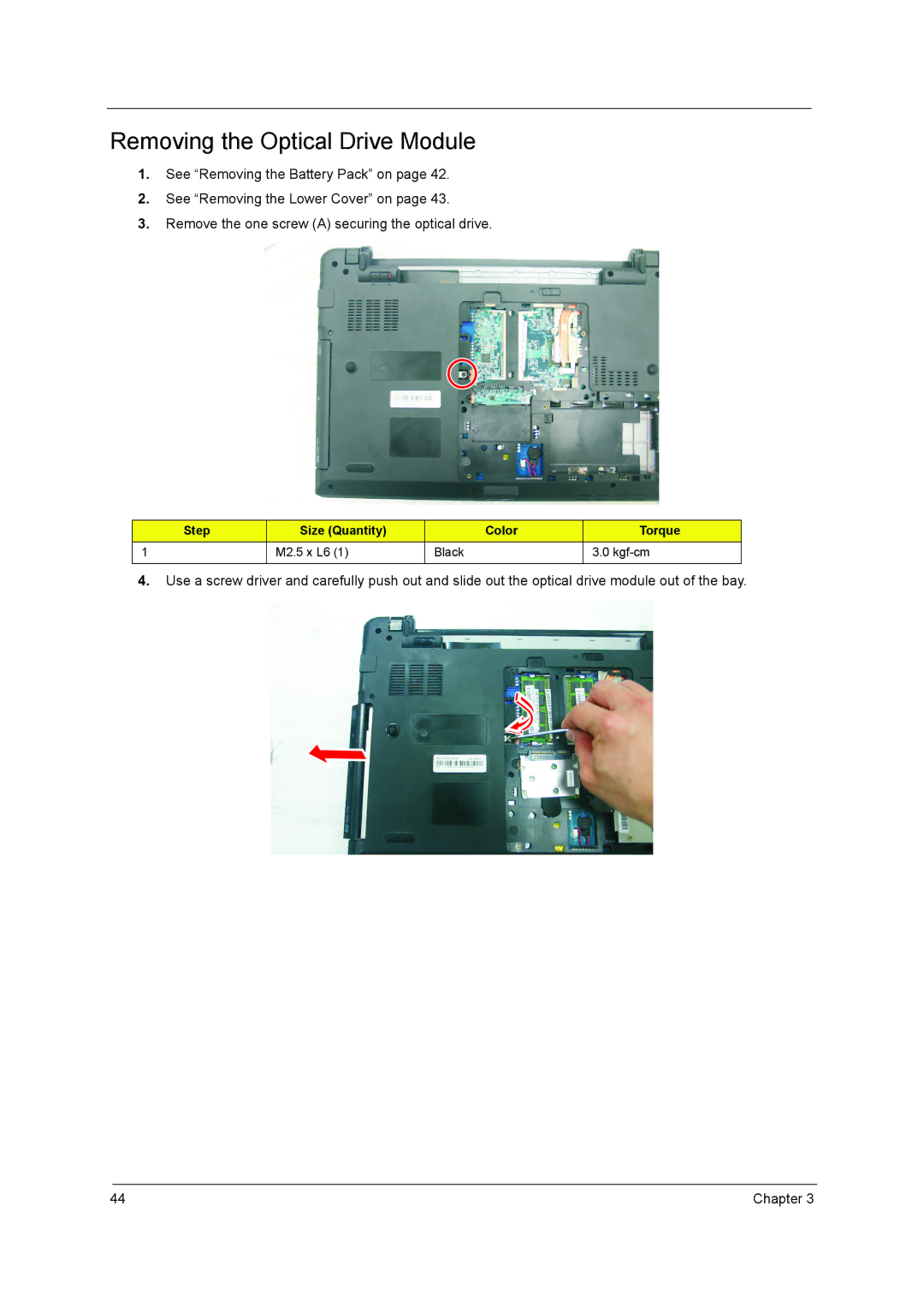 Aspire Digital 5410T, 5810TZ, 5810TG manual Removing the Optical Drive Module 