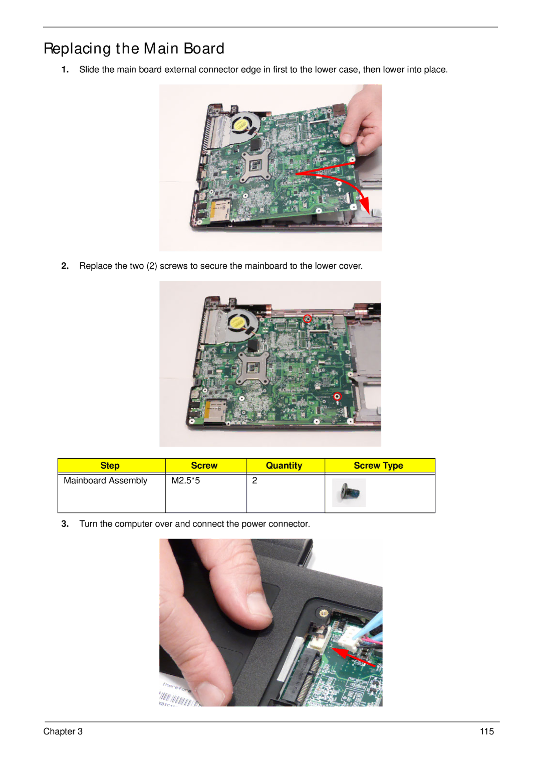 Aspire Digital 5820T manual Replacing the Main Board, Step Screw Quantity Screw Type Mainboard Assembly M2.5*5 