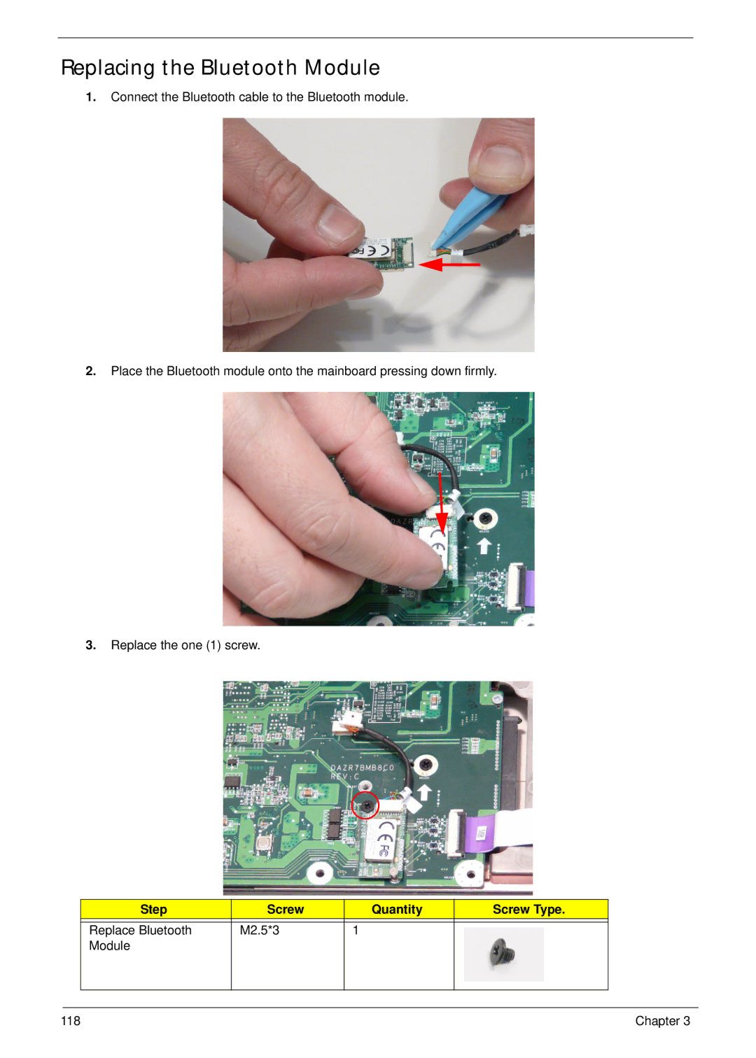 Aspire Digital 5820T manual Replacing the Bluetooth Module, Step Screw Quantity Screw Type 