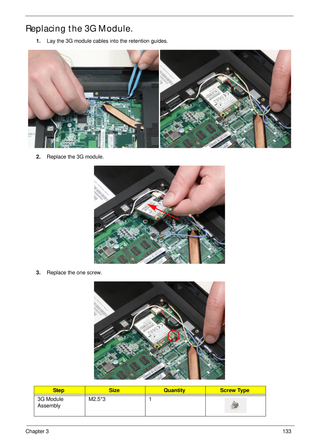 Aspire Digital 5820T manual Replacing the 3G Module, Step Size Quantity Screw Type 